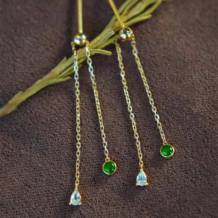 18K Solid Gold Natural Jade Jadeite Ear Stud Drop Dangle Earrings Chain Charm Jewelry