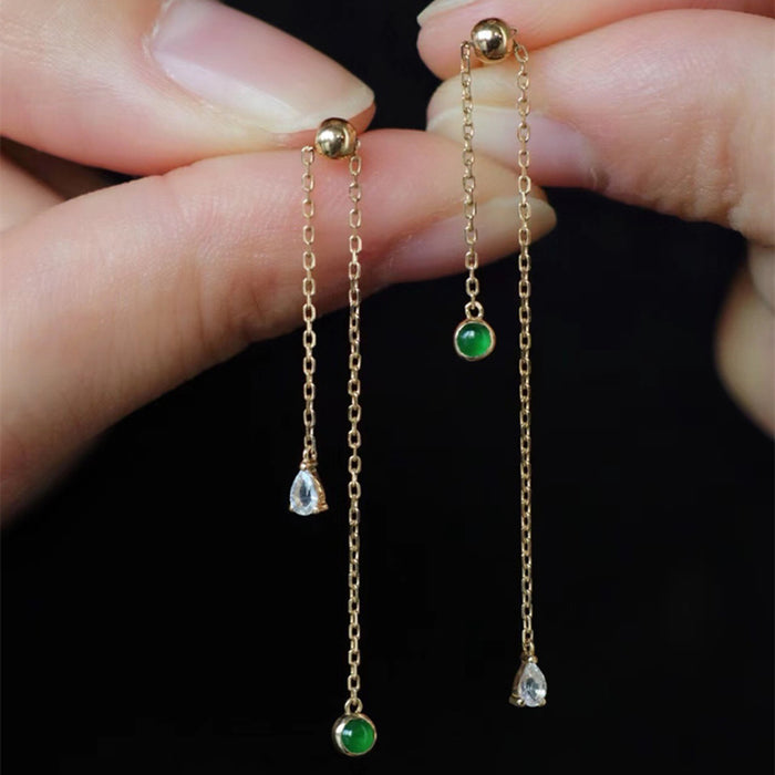 18K Solid Gold Natural Jade Jadeite Ear Stud Drop Dangle Earrings Chain Charm Jewelry