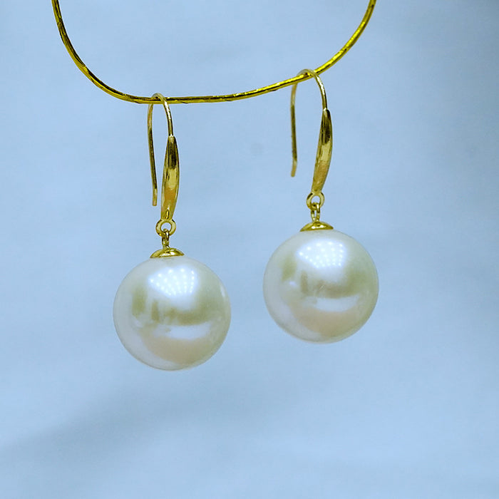 18K Solid Gold 10mm Round Natural Freshwater Pearl Drop Dangle Ear Hook Earrings