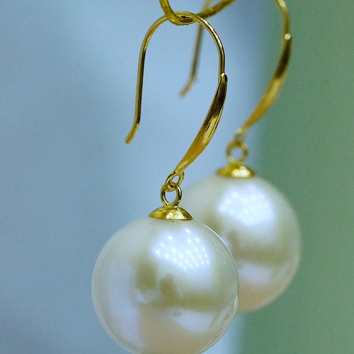 18K Solid Gold 10mm Round Natural Freshwater Pearl Drop Dangle Ear Hook Earrings