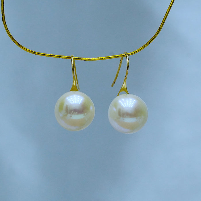 18K Solid Gold 9mm Round Natural Freshwater Pearl Drop Dangle Ear Hook Earrings