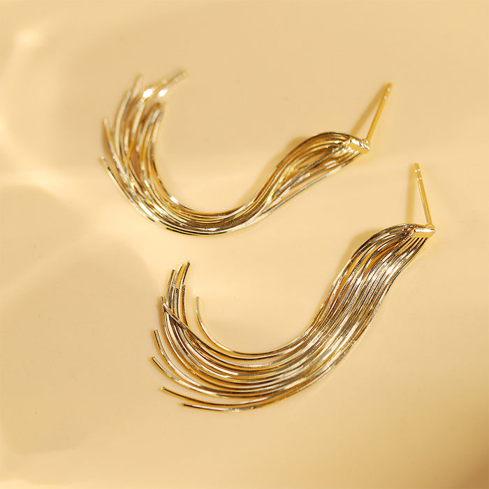 18K Solid Gold Drop Dangle Earrings Snake Chain Tassel Elegant Charm Jewelry