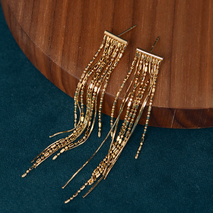 18K Solid Gold Drop Dangle Earrings Bead Chain Tassel Elegant Charm Jewelry