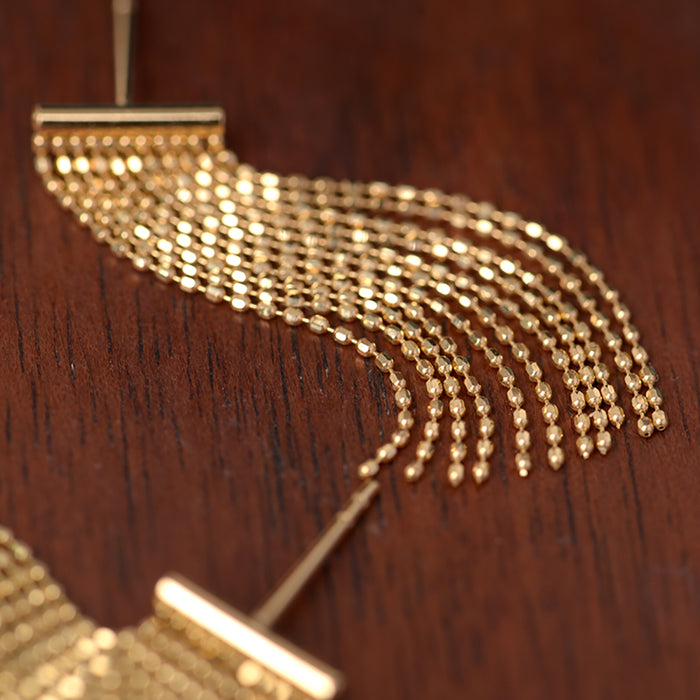 18K Solid Gold Drop Dangle Earrings Bead Chain Tassel Elegant Charm Jewelry
