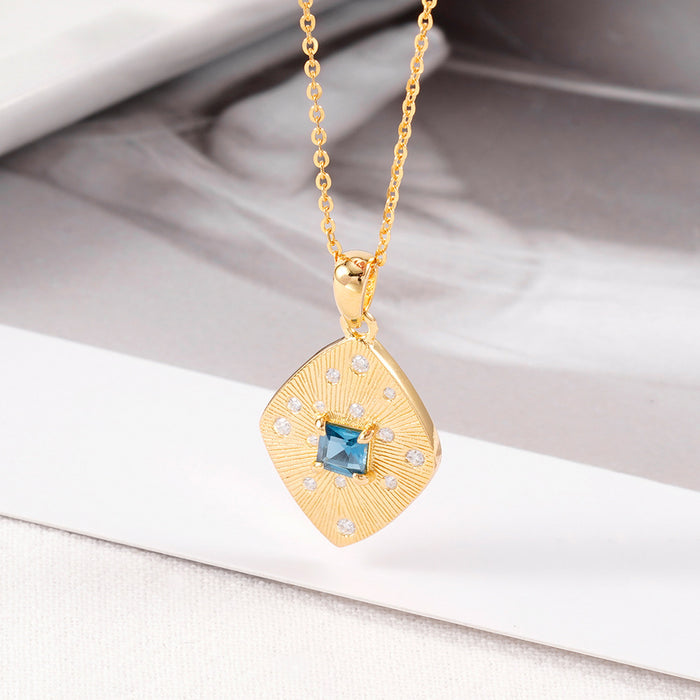 Real Solid 925 Sterling Silver Natural Square Blue Topaz Pendant Rhombus Jewelry