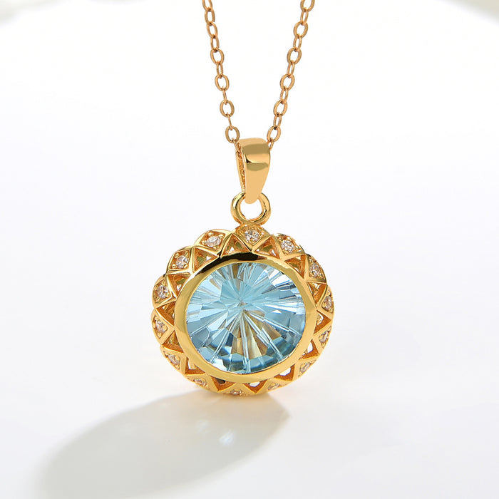 Real Solid 925 Sterling Silver Pendant Natural 10mm Round Blue Topaz 4.4 Carat Beautiful Jewelry