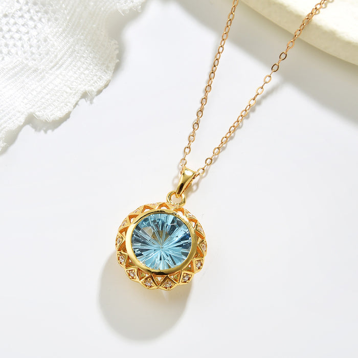 Real Solid 925 Sterling Silver Pendant Natural 10mm Round Blue Topaz 4.4 Carat Beautiful Jewelry