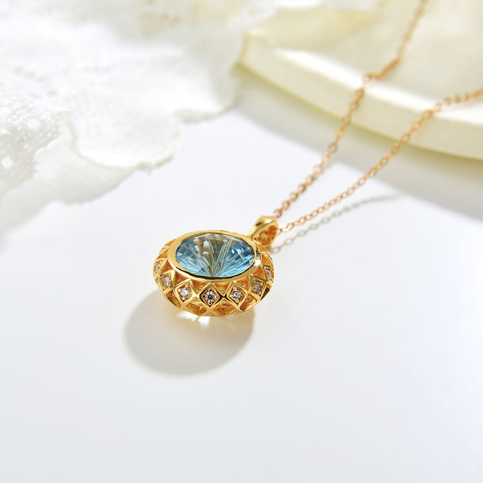 Real Solid 925 Sterling Silver Pendant Natural 10mm Round Blue Topaz 4.4 Carat Beautiful Jewelry