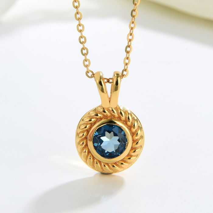 Real Solid 925 Sterling Silver Natural London Blue Topaz Pendant Round Jewelry