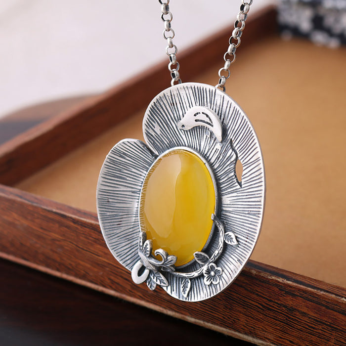 Real Solid 990 Sterling Silver Pendant Yellow Chalcedony Flower Fashion Jewelry