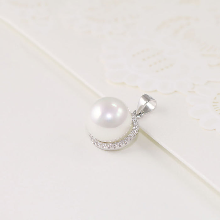 Real Solid 925 Sterling Silver Pendant 12mm Round Pearl Diamond Beautiful Jewelry