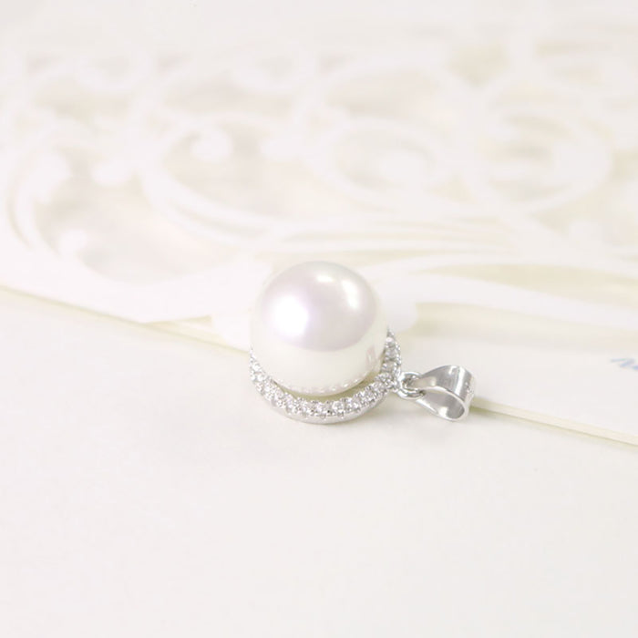 Real Solid 925 Sterling Silver Pendant 12mm Round Pearl Diamond Beautiful Jewelry