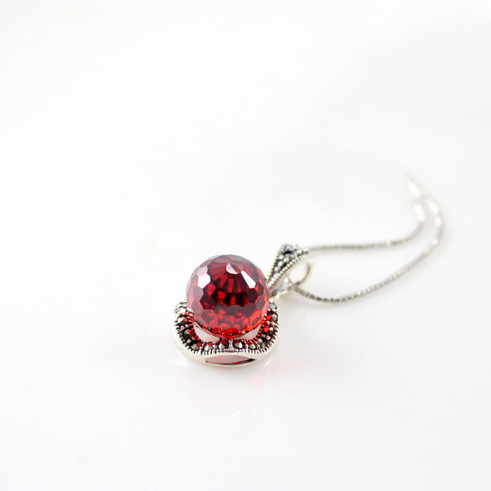 Real Solid 925 Sterling Silver Pendant 10mm Garnet Marcasite Beautiful Jewelry