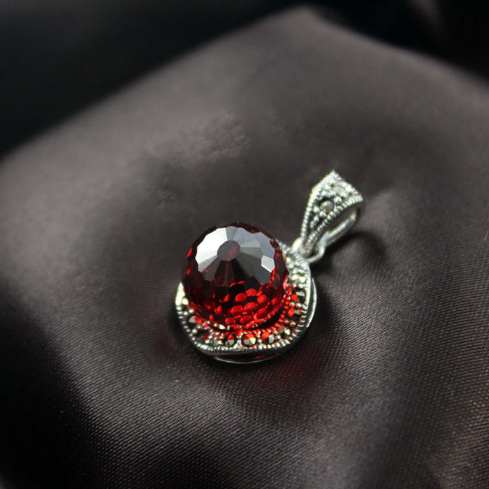 Real Solid 925 Sterling Silver Pendant 10mm Garnet Marcasite Beautiful Jewelry
