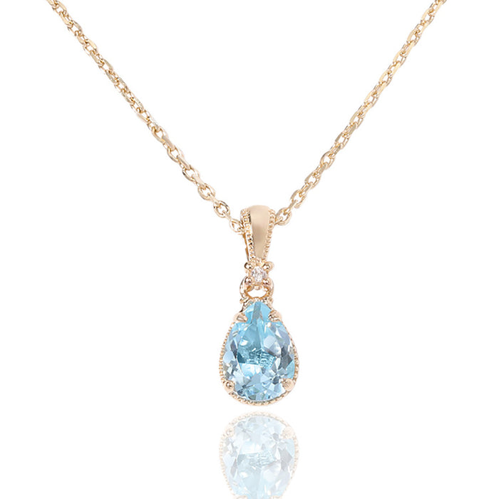9K Solid Gold Natural Blue Topaz Pendant Teardrop Beautiful Charm Jewelry