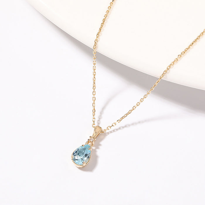 9K Solid Gold Natural Blue Topaz Pendant Teardrop Beautiful Charm Jewelry