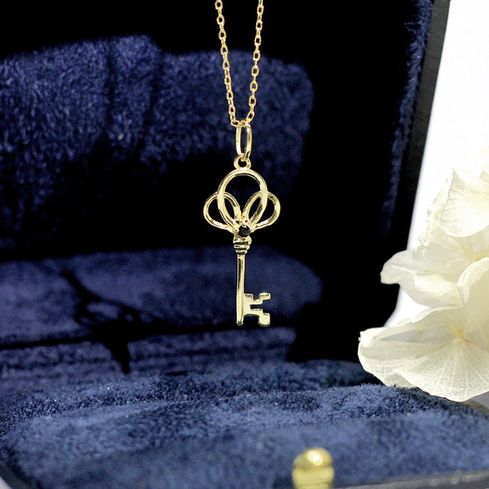10K Solid Gold Lucky Key Pendant Gemstone CZ Inlay Beautiful Charm Jewelry