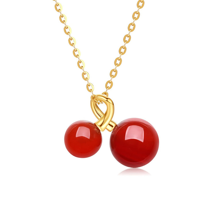 18K Solid Gold Red Agate Pearl Pendant Fruit Cherry Beautiful Charm Jewelry