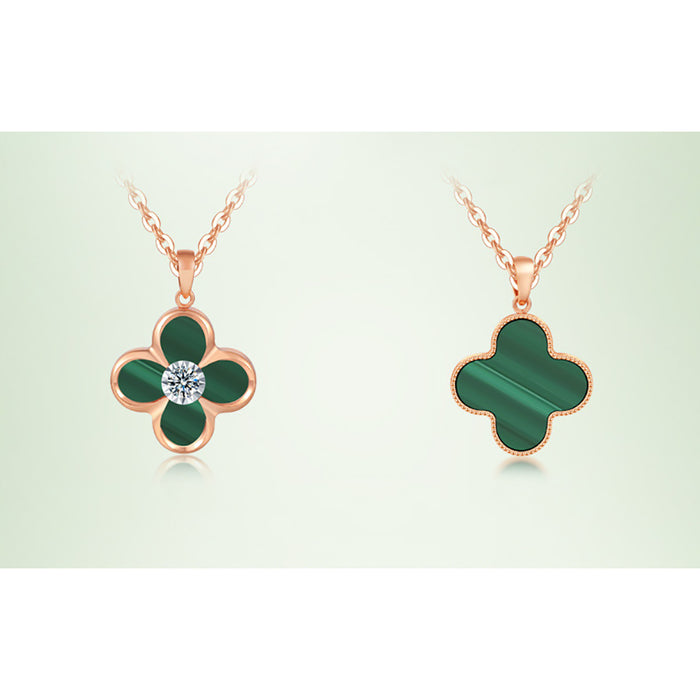 18K Solid Gold Diamond Natural Agate Malachite Pendant Four Leaf Clover Charm Jewelry