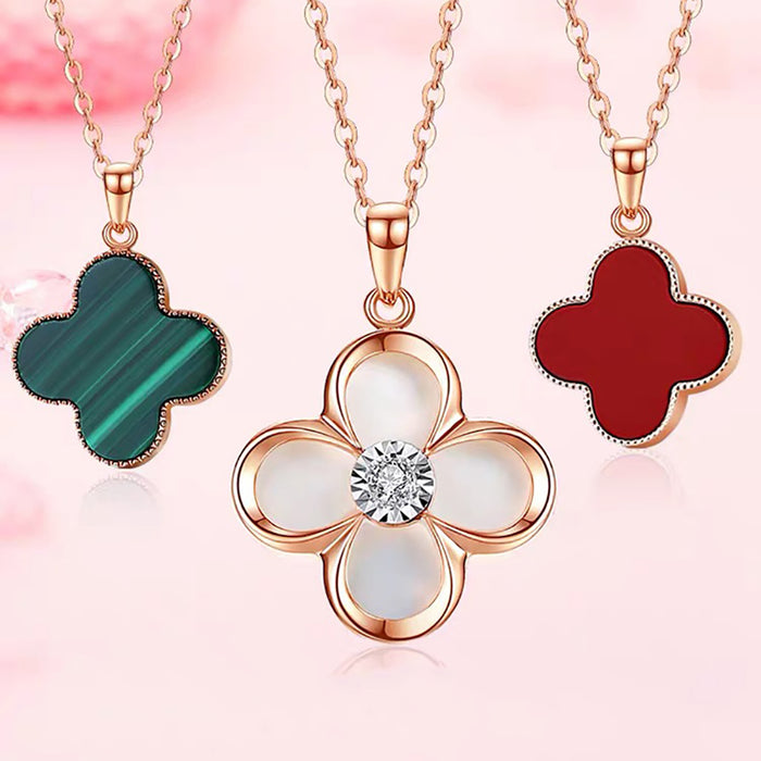 18K Solid Gold Diamond Natural Agate Malachite Pendant Four Leaf Clover Charm Jewelry