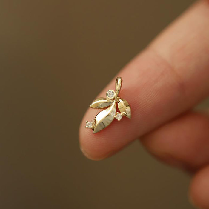 14K Solid Gold Cubic Zirconia Pendant Dewdrop Leaf Cute Elegant Charm Jewelry