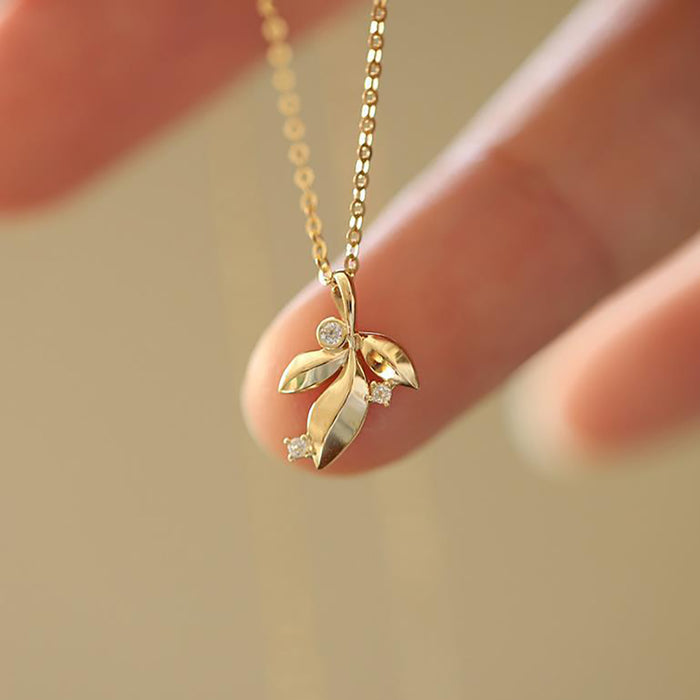 14K Solid Gold Cubic Zirconia Pendant Dewdrop Leaf Cute Elegant Charm Jewelry