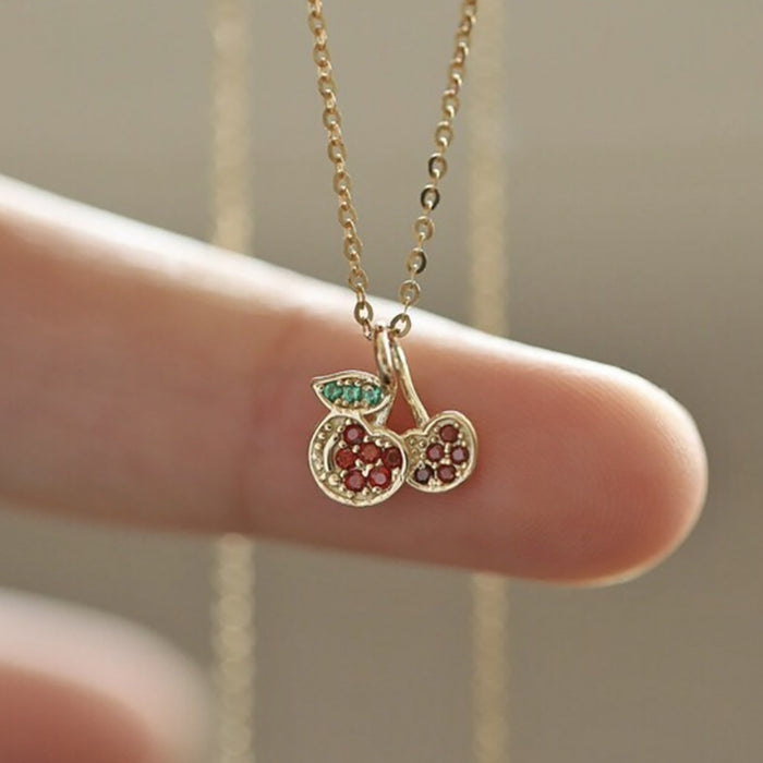 9K Solid Gold Cubic Zirconia Pendant Fruit Cherry Cute Beautiful Charm Jewelry