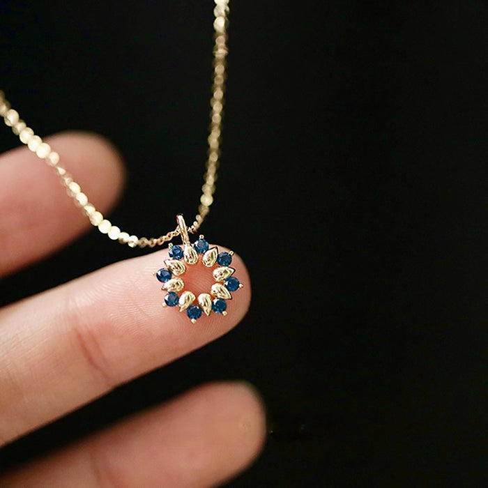 9K Solid Gold Blue Cubic Zirconia Pendant Flower Beautiful Elegant Charm Jewelry