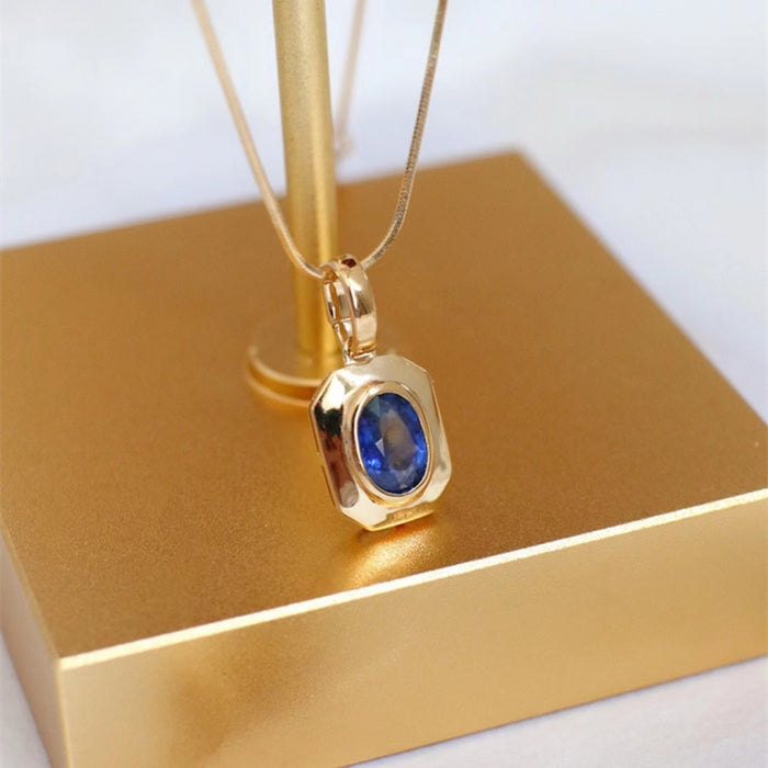 18K Solid Gold Natural Oval Sapphire Pendant Rectangle Elegant Beautiful Jewelry