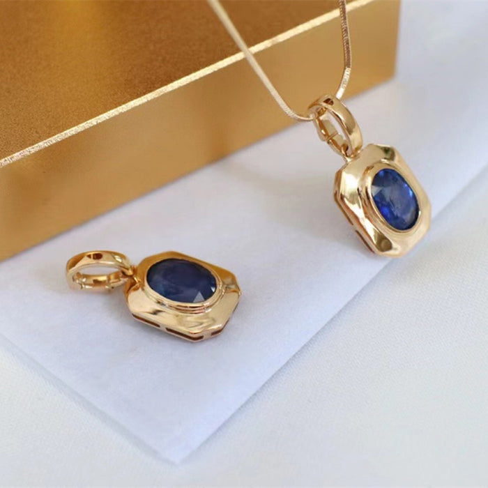 18K Solid Gold Natural Oval Sapphire Pendant Rectangle Elegant Beautiful Jewelry