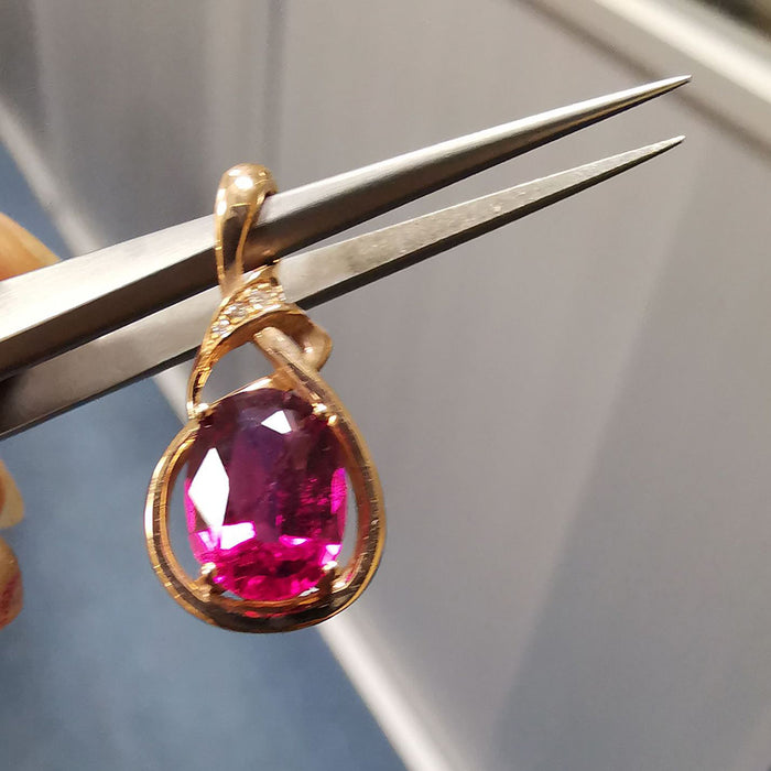 18K Solid Gold Natural Oval Tourmaline Diamond Pendant Elegant Charm Jewelry