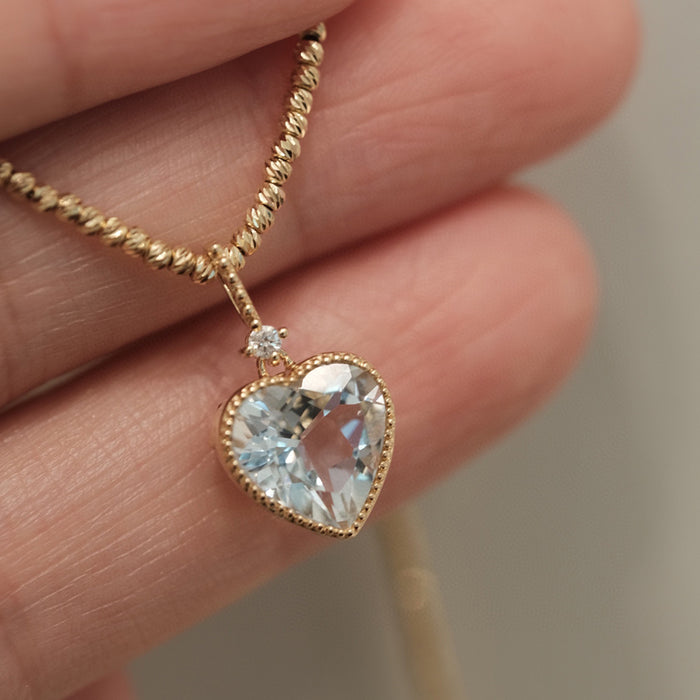 18K Solid Gold Natural Aquamarine Diamond Pendant Ocean Heart Charm Jewelry