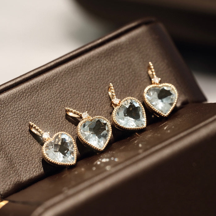 18K Solid Gold Natural Aquamarine Diamond Pendant Ocean Heart Charm Jewelry