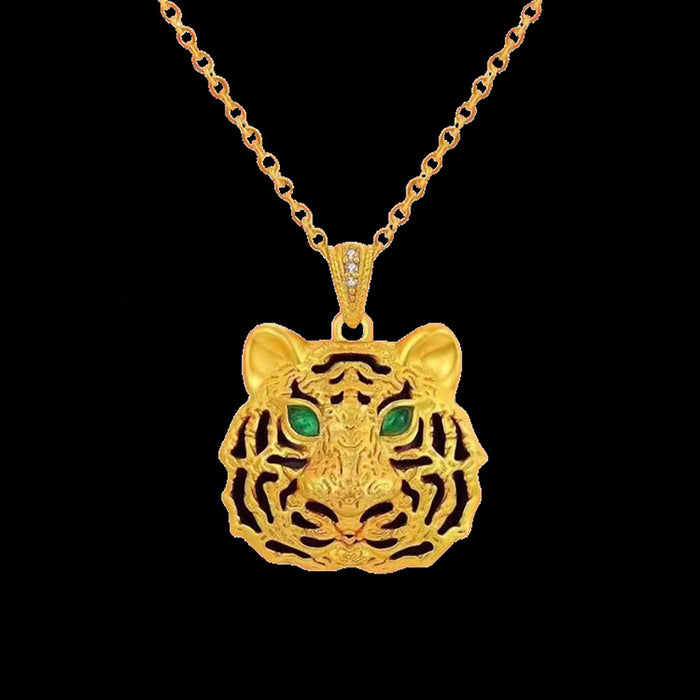 18K Solid Gold Agate Inlay Pendant Tiger Head Zodiac Charm Jewelry
