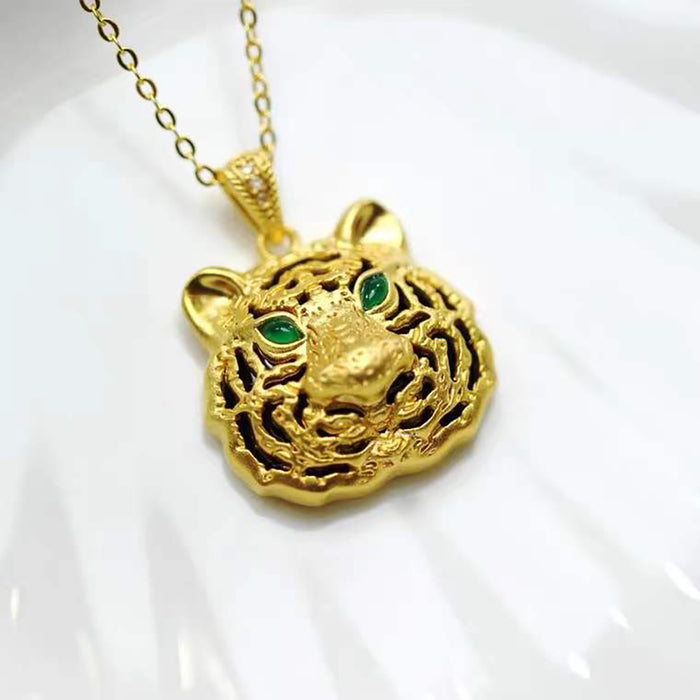18K Solid Gold Agate Inlay Pendant Tiger Head Zodiac Charm Jewelry