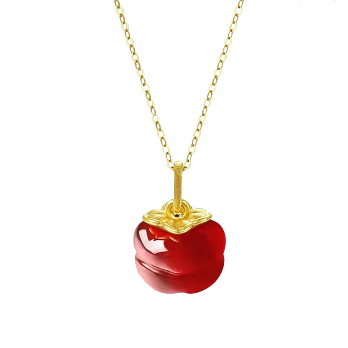 18K Solid Gold Red Agate Pendant Persimmon Fruits Lucky Charm Jewelry
