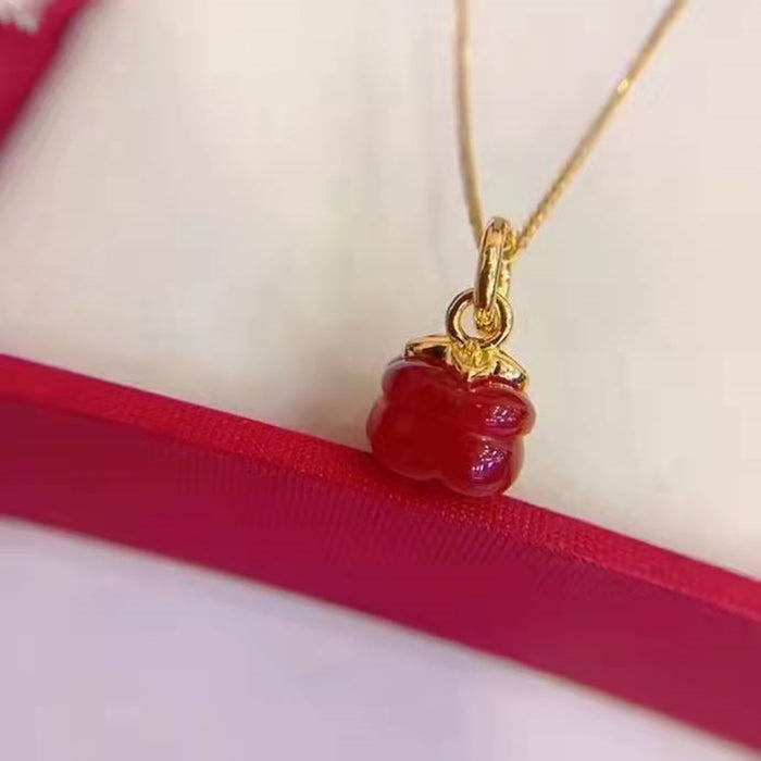 18K Solid Gold Red Agate Pendant Persimmon Fruits Lucky Charm Jewelry