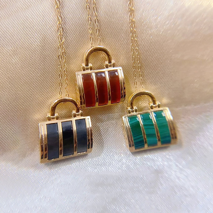 18K Solid Gold Agate Turquoise Pearl Shell Pendant Handbag Elegant Charm Jewelry