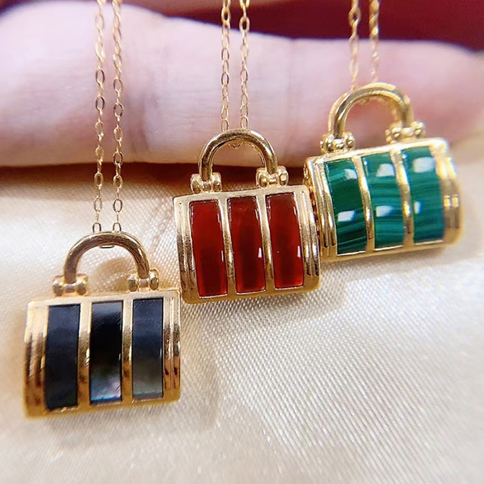 18K Solid Gold Agate Turquoise Pearl Shell Pendant Handbag Elegant Charm Jewelry