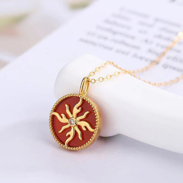 18K Solid Gold Natural Diamond Agate Pendant Sun Round Charm Jewelry