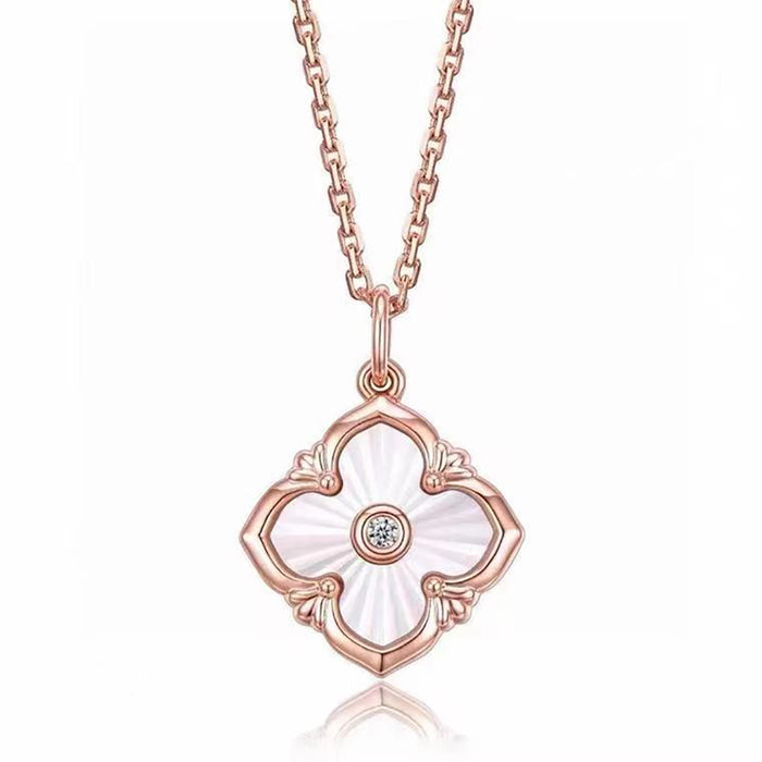 18K Solid Gold Natural Diamond Pearl Shell Pendant Four Leaf Clover Charm Jewelry