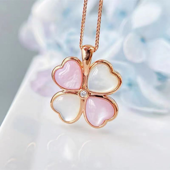 18K Solid Gold Natural Diamond Pendant Four Leaf Clover Flowers Heart Charm Jewelry