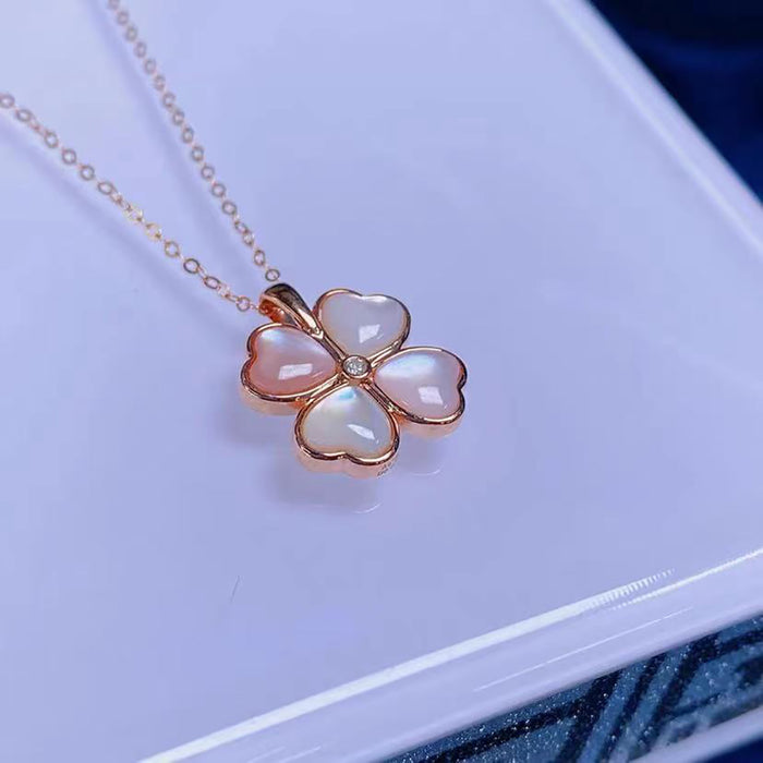 18K Solid Gold Natural Diamond Pendant Four Leaf Clover Flowers Heart Charm Jewelry