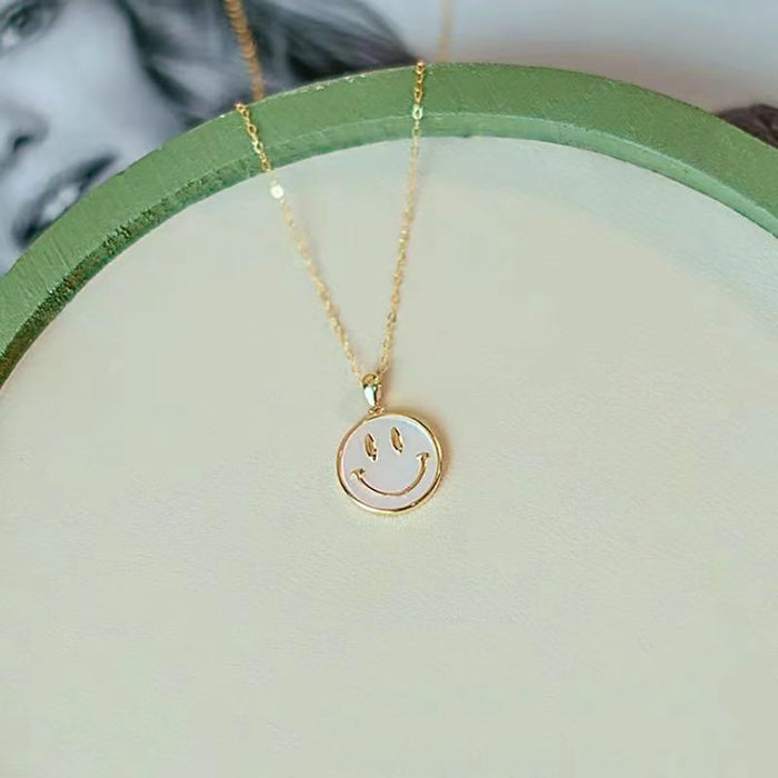 18K Solid Gold Natural Pearl Shell Pendant Smiling Face Round Charm Jewelry