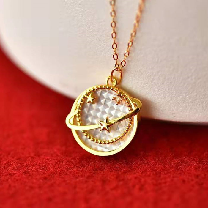 18K Solid Gold Natural Pearl Shell Pendant Planet Orb Star Charm Jewelry