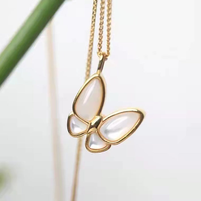 18K Solid Gold Natural Pearl Shell Pendant Butterfly Elegant Charm Jewelry