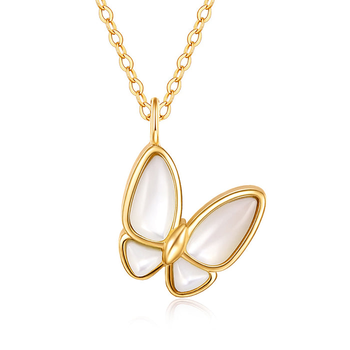 18K Solid Gold Natural Pearl Shell Pendant Butterfly Elegant Charm Jewelry