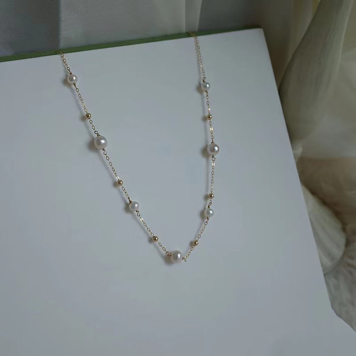 18K Solid Yellow Gold Necklace Natural Pearl Bead O Chain Beautiful Charm 18"