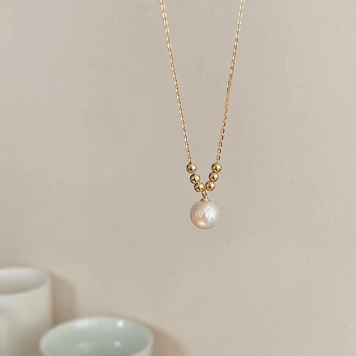 18K Solid Yellow Gold Necklace Natural Freshwater Pearl Bead O Chain Charm 18"