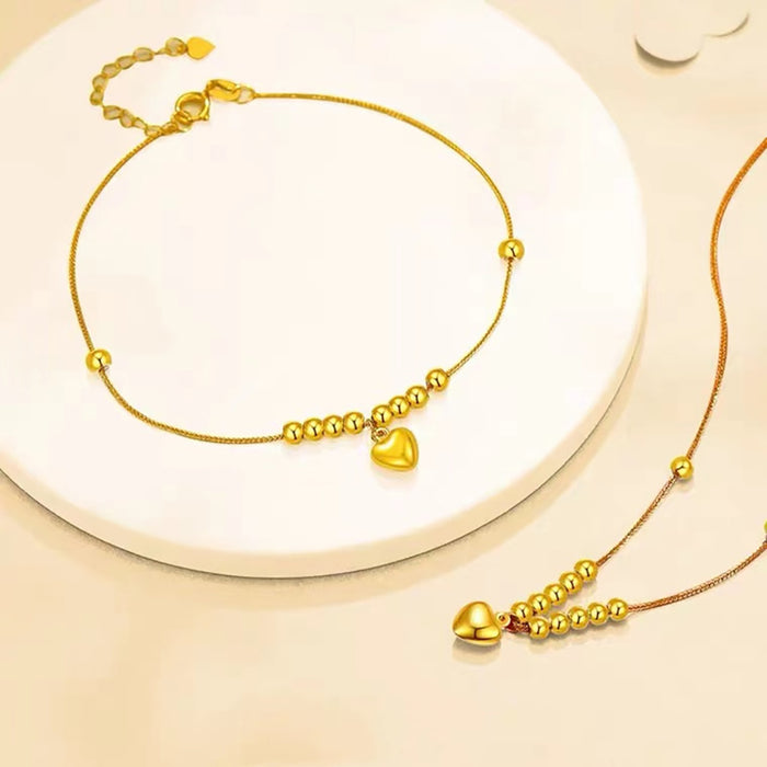 18K Solid Gold Bead Chain Beautiful Loving Heart Necklace Bracelet Jewelry